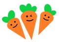 Three orange carrots with smiling winking faces against a white backdrop