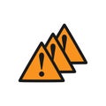 Three orange danger signs with black exclamation mark