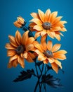 three orange flowers are in a vase on a blue background Royalty Free Stock Photo