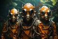 three orange gas masks are in a forest, in the style of intricate underwater worlds, detailed costumes