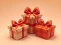 Three orange gift boxes with orange bows and ribbons on orange background. AI generated