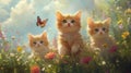 Three Orange Kittens Amongst Summer Flowers And A Butterfly Royalty Free Stock Photo