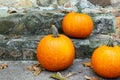 Three orange pumpkins decorating the front steps.