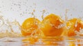 Three oranges are splashed with water