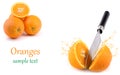 Three oranthree oranges, whole and cut with splashes of juice close-up on a white background, horizontal viewges close Royalty Free Stock Photo