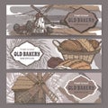 Three original colro bakery label templates with windmills, wheat and bread