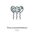 Three ornamental balloons outline vector icon. Thin line black three ornamental balloons icon, flat vector simple element