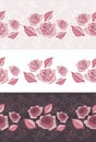 Three ornamental border with blooming stylized pink roses