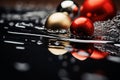 three ornaments on a black surface with water droplets