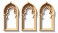 Three ornate Arabic window frames shown against white wall. Architectural elements feature intricate geometric patterns in upper Royalty Free Stock Photo