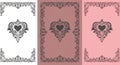 Three ornate heart designs are displayed vertically on separate backgrounds. Each