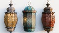 Three ornate lanterns in golden, turquoise, and rust colors, beautifully crafted with intricate metalwork designs