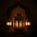 Three ornate lanterns with intricate patterns emit a warm golden glow.