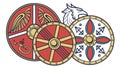 Three Ornate Round Viking Shields with Norse Patterns, vector design Generative AI Royalty Free Stock Photo