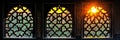 Three ornate windows with sunlight streaming through the geometric patterns and blurred outdoor view Royalty Free Stock Photo