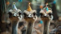 Three ostriches with candles on their beaks at a party Royalty Free Stock Photo