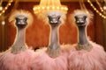 Three ostriches with crowns in golden dresses Royalty Free Stock Photo