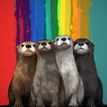 Three Otters In A Vibrant Rainbow Portrait: A Comic And Emotionally Charged Art Piece