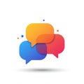 Three overlapping speech bubbles in gradient colors: orange, blue, and red. Small