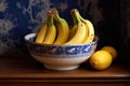 three overripe bananas in a fruit bowl on a wooden counter