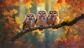 Three owls on a branch amid autumn leaves