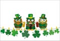 Three owls in national dress drinking beer in glasses sitting on a rope. Clover