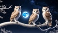 Three owls observe from a branch on a full moon night