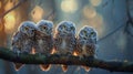 Three owls sitting on a branch with a blurred background Royalty Free Stock Photo