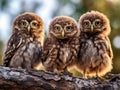 Three owls are sitting on a branch Royalty Free Stock Photo