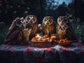 Three owls sitting on a table with a basket of food. Generative AI image.