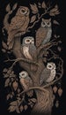 three owls sitting on a tree branch in a night sky