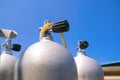 A three oxygen tanks for scuba diving ready on the diving boat trip Royalty Free Stock Photo