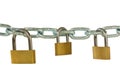 Three padlocks hung on metal chain