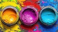 Three paint cans with different colors of paint on a colorful background, AI