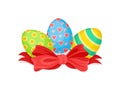 Three painted Easter eggs and big bright red bow. Decor for holiday celebration. Flat vector design Royalty Free Stock Photo