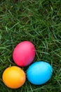 Three painted Easter eggs in the grass