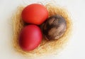Three painted eggs in coconut fiber nest. White background, top view