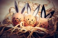 Three painted smiling Easter eggs bunnies sitting in an egg carton