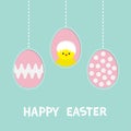Three painting egg. Happy Easter text. Hanging painted egg set. Chicken baby bird with shell. Dash line. Greeting card. Flat desig