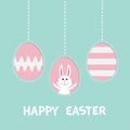 Three painting egg shell. Cute rabbit hare with tie bow. Happy Easter text. Hanging painted egg set. Dash line. Greeting card.