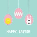 Three painting egg shell. Happy Easter text. Hanging painted egg set. Chicken bird, rabbit hare. Dash line. Greeting card. Royalty Free Stock Photo