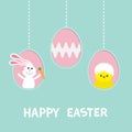 Three painting egg shell. Happy Easter text. Hanging painted egg set. Rabbit hare, chicken bird. Dash line. Greeting card. Flat Royalty Free Stock Photo