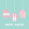 Three painting egg shell. Rabbit hare with tie bow. Happy Easter text. Hanging painted egg set. Dash line. Greeting card. Flat des