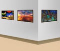 Three paintings with an abstract image are hanging on the wall i