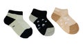 Three pairs of cotton socks. Striped pattern and star pattern. Children`s socks. Cotton. Isolated item