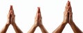Three pairs of human hands in prayer gesture isolated on white background. Palms touch fingers point upward expressing devotion Royalty Free Stock Photo
