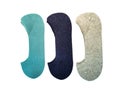 Three pairs of new short socks in gray, navy blue and turquoise isolated on a white background Royalty Free Stock Photo