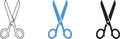 Three pairs of scissors isolated on white background cutting tools blue black silver Royalty Free Stock Photo