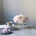 Three pale pink ranunculus