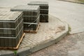 three pallets with paving stones to make the road Royalty Free Stock Photo